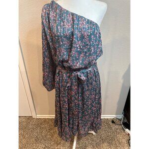 NWT Lane Bryant Teal Metallic Floral One Shoulder Belted Ruffle Bottom Dress